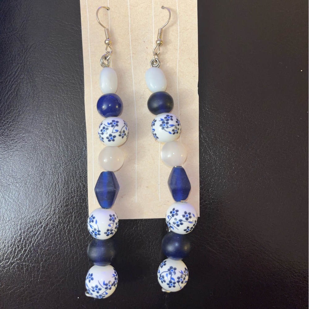 Blue & White Long Earrings